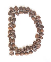 Letter D made of coffee beans under a daylight isolated on white background