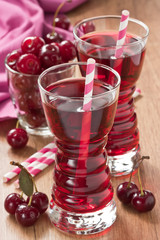 Cherry juice drink / Fresh cherry juice and cherry fruit delicious summer drink on wooden background