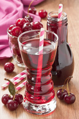 Cherry juice drink / Fresh cherry juice and cherry fruit delicious summer drink on wooden background