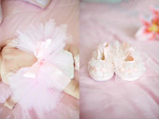 Fototapeta na wymiar Doubled picture of pink bow on baby's back and tiny shoes on the