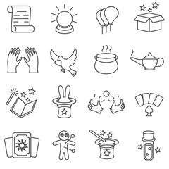 magic tricks icons thin line set. magic tricks and focus items
