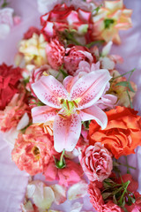 Bouquet of pink and orange roses lies on the  blanket