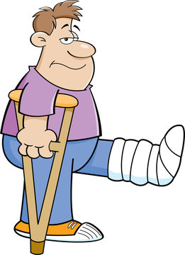 Cartoon illustration of a man on crutches with his leg in a cast.