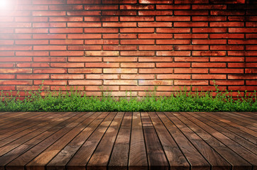 old brick wall background with wood table top , 3d illustration