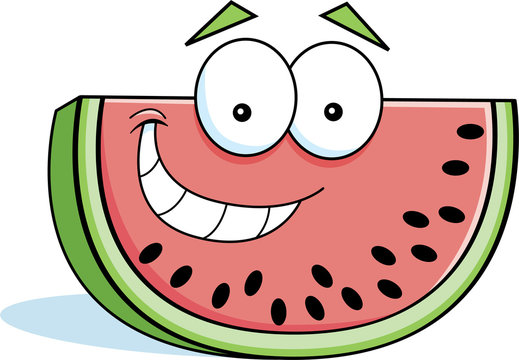 Cartoon illustration of a smiling slice of watermelon.