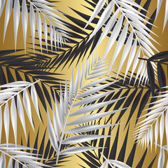 Palm leaf seamless texture on gold background. Vector Illustration.