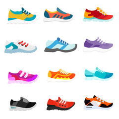 Collection sneakers in flat style. Multi-colored sneakers icons set. Sneakers and shoes Flat design vector illustration. collection of shoes on a white background.