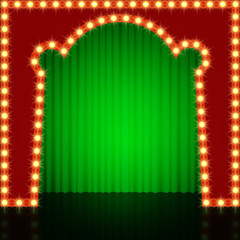 Empty retro stage with green curtain