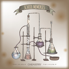 Color chemistry lab equipment sketch placed on old paper background. - 118254536