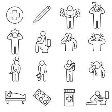 Health conditions icons set. Sickness and disease states.Thin line design