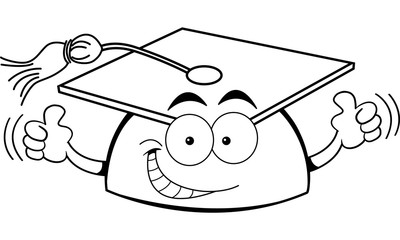 Black and white illustration of a graduation cap giving thumbs up.