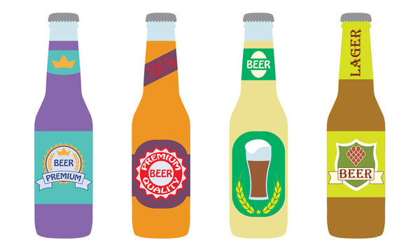 Beer bottles set with label isolated on white background. Colorful vector icon or sign. Symbol or design elements for restaurant, beer pub or cafe.