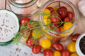 Ingredients for cherry tomatoes pickles.