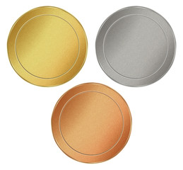 vector set of blank round texture tokens of gold, silver, bronze