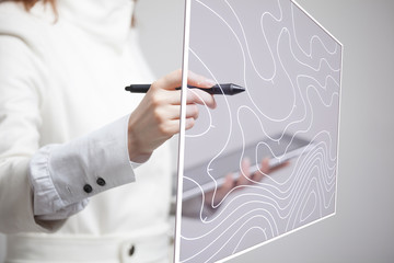 Geographic information systems concept, woman scientist working with futuristic GIS interface on a...