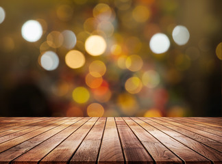 wood table top with Traffic lights blur , 3d illustration