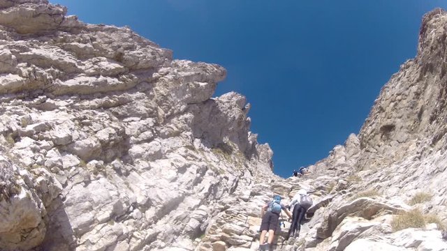 Climbing expedition, mountainering on Olymp mountain in Greece