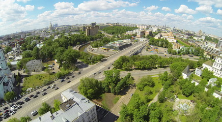 Fototapeta na wymiar Cityscape near Spaso-Andronikov and St. Sergius of Radonezhsky monastery. Aerial view.