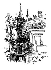 sketch drawing of historical building from Kyiv Ukraine landmark