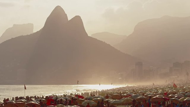 Morro Dois Irmaos in sunset nearby Ipanema Beach, Rio de Janeiro, Brazil