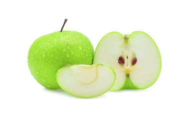Drop of water green apple on white background