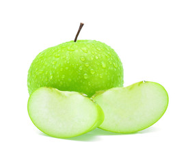 Drop of water green apple on white background