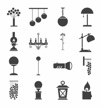 Lamps for home and garden, icons, monochrome. Vector icons with images of lighting fixtures. Dark-grey figures on a white background. 