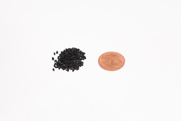 The Size of Black Cumin Seeds (Nigella Sativa) Compared to a 5 Cent Euro Coin