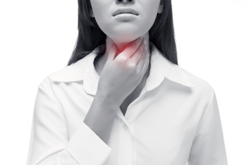 Sore throat woman on white background