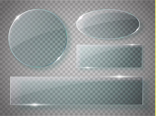 Glass plates set. Vector acrylic banners on transparent background.