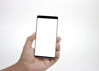hand holding a phone with white screen on white background
