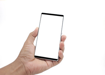 hand holding a phone with white screen on white background