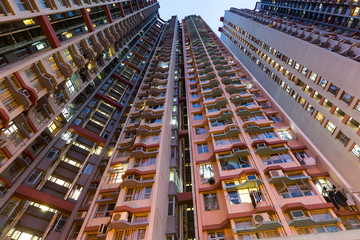 Exterior of building facade from low angle at night