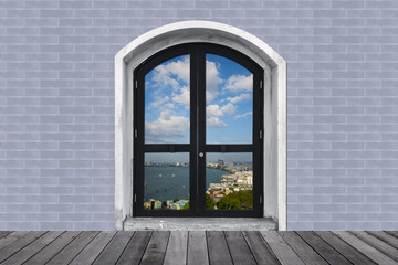 seascape from wooden window and wall, pattaya city, thailand vie
