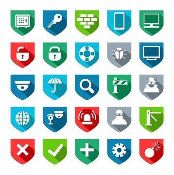 Security, icons, colored, flat. Vector, flat icons on the theme of protection and safety of people and computers. Colored icons on white background. 