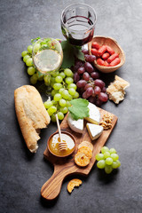 Wine, grape, cheese, sausages