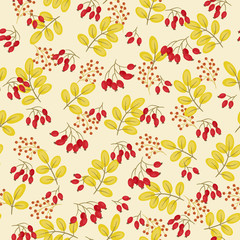 Wild roses, berries and yellow leaves seamless pattern