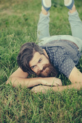 bearded man laying on green grass smiling