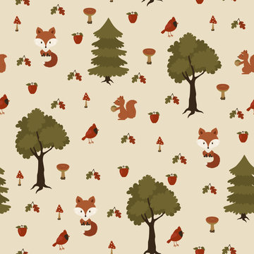 Wild animals in the forest. Seamless pattern