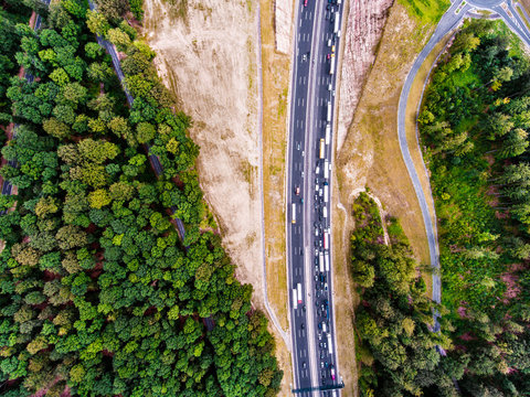 Aerial View Of Highway, Traffic Jam, Green Forest, Netherlands