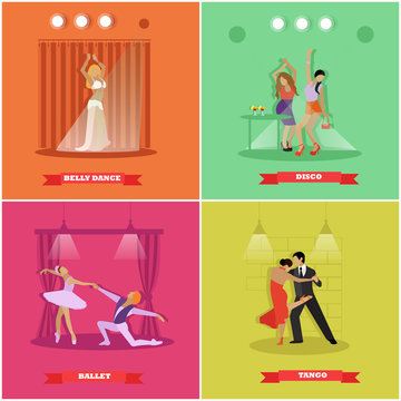People dancing tango, ballet, disco and belly dance. Vector banners in flat style design.
