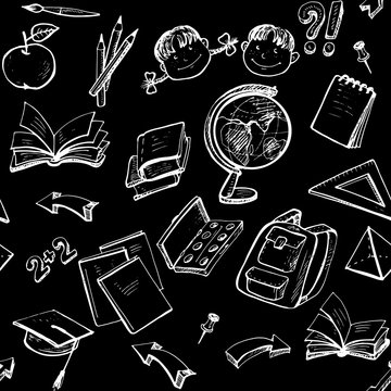 Seamless doodle cartoon pattern about education on black background. Vector illustration.