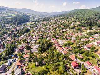 Aerial view of small town with hills, Slovakia.