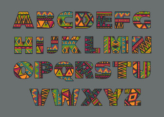 Vector set of ornate capital letters with abstract ethnic patterns.