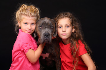 Portrait of two beautiful girls and big dog isolated on black. Focus on dog