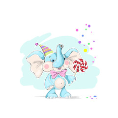 Cute and funny baby elephant with candy and serpentine