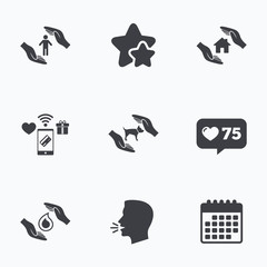 Hands insurance icons. Human life-assurance sign