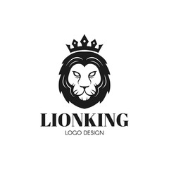 Head of a fierce crowned lion logo depicting royalty in a black and white design suitable for business or t-shirt design