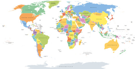 Naklejka premium Mapa polityczna pojedynczych państw świata z granicami państwowymi. Każdy obszar kraju o własnym kolorze. Ilustracja na białym tle pod projekcją Robinsona. Etykietowanie w języku angielskim.