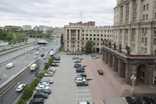 Cityscape with old building of the Moscow State Technical University by Bauman and embankment.